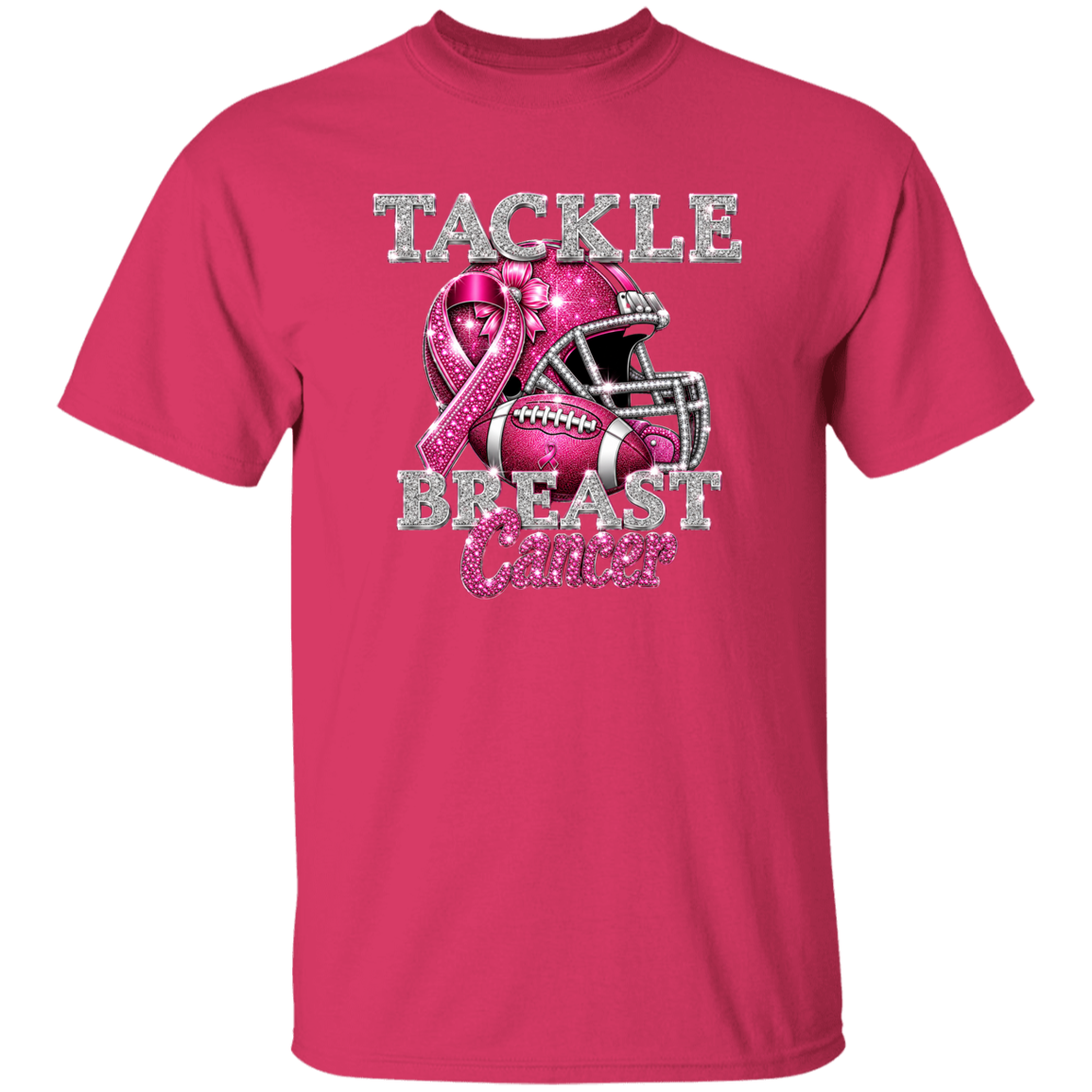 Pink t-shirt with breast cancer awareness design featuring a helmet and pink ribbon on a white background.