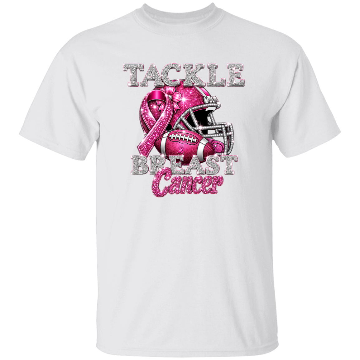 White t-shirt with pink breast cancer awareness design featuring a helmet and ribbon on a white background.