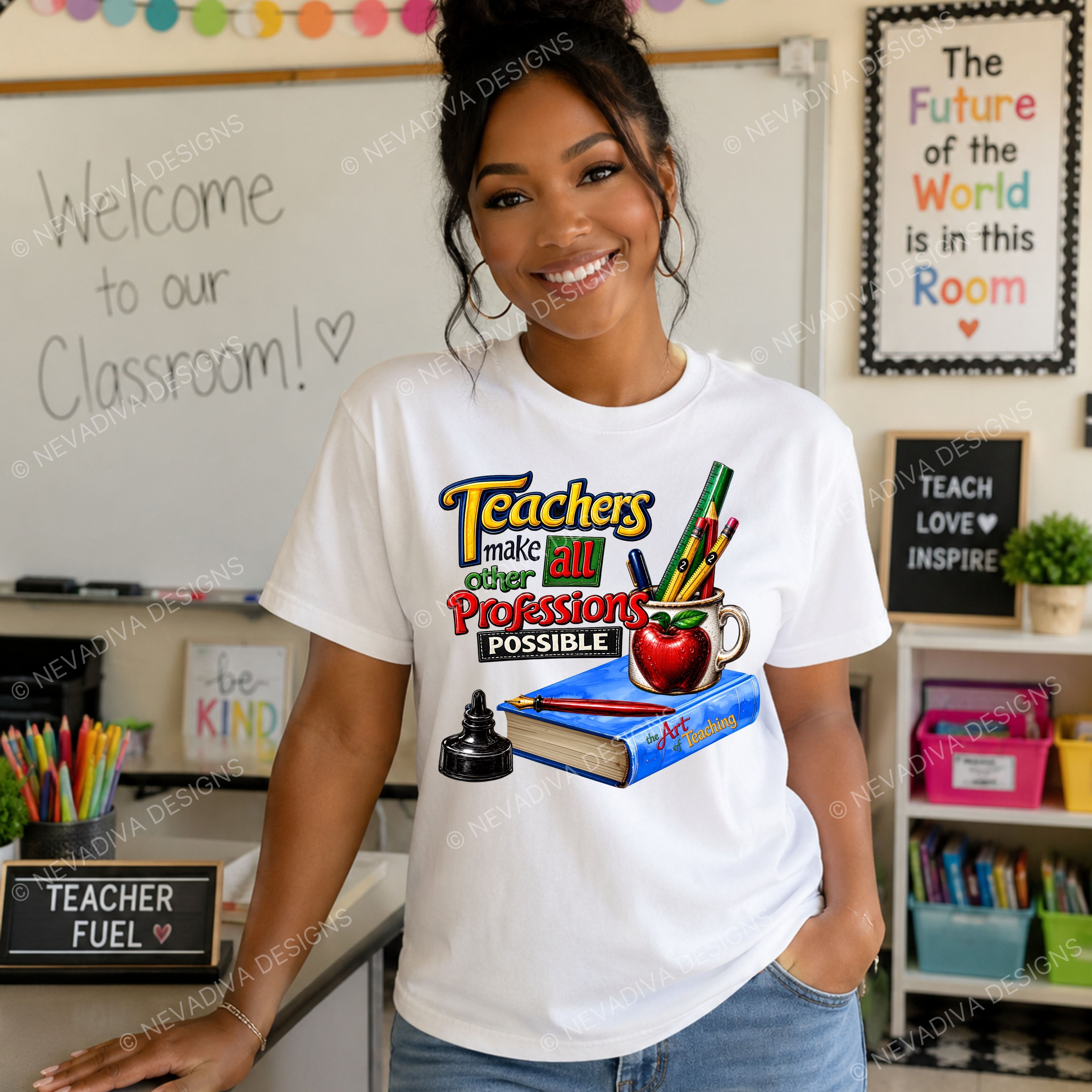 A smiling woman stands in a classroom setting wearing a white graphic T-shirt with a colorful school-themed print that reads 'Teachers make all professions possible' with an apple, books, and pencils. The background includes a whiteboard, classroom decor, and shelves.