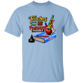 A light blue short-sleeve crewneck t-shirt featuring a colorful graphic print on the front. The graphic displays the text 'Teachers make all other professions possible' above school-themed illustrations including a blue book, a red apple, pencils, and a black ink bottle.