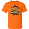  t-shirt text TOO GLAM TO GIVE A DAMN AND GHOST WITH GLAM AND PUMPKINS