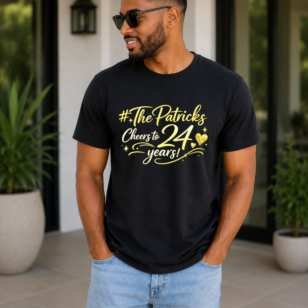 A man wearing a Custom #ThePatricks Cheers to 24 years black T shirt with an outdoor background