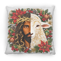 A square decorative throw pillow with a white border, featuring a detailed Christmas-themed illustration split down the middle: the left half shows Jesus with a gold crown of thorns, and the right half shows a white sheep. The design is surrounded by red poinsettias, pinecones, holly leaves, evergreen branches, and red berries on a white background.