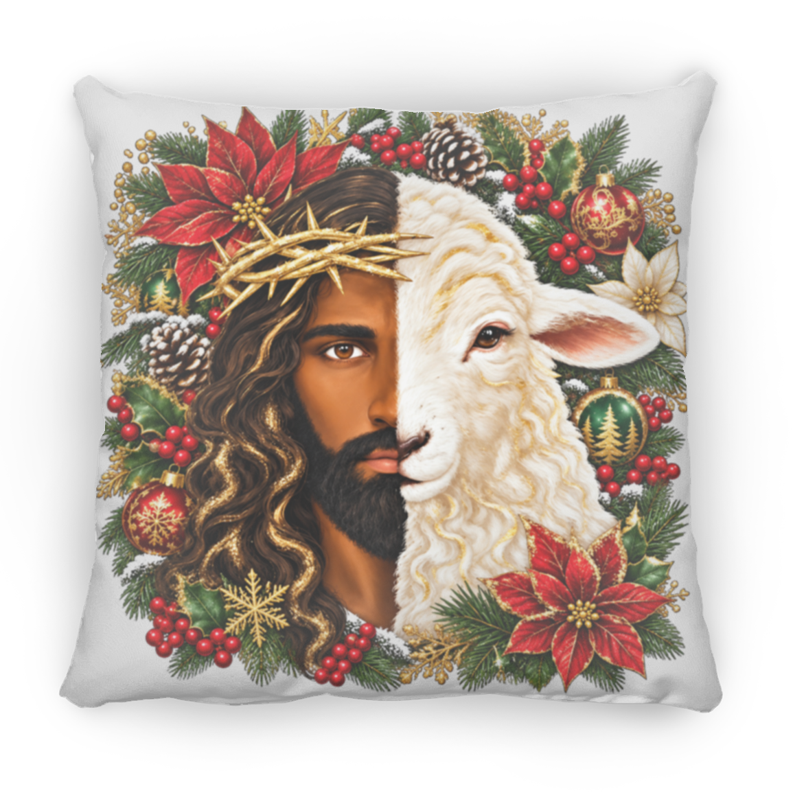 A square decorative throw pillow with a white border, featuring a detailed Christmas-themed illustration split down the middle: the left half shows Jesus with a gold crown of thorns, and the right half shows a white sheep. The design is surrounded by red poinsettias, pinecones, holly leaves, evergreen branches, and red berries on a white background.