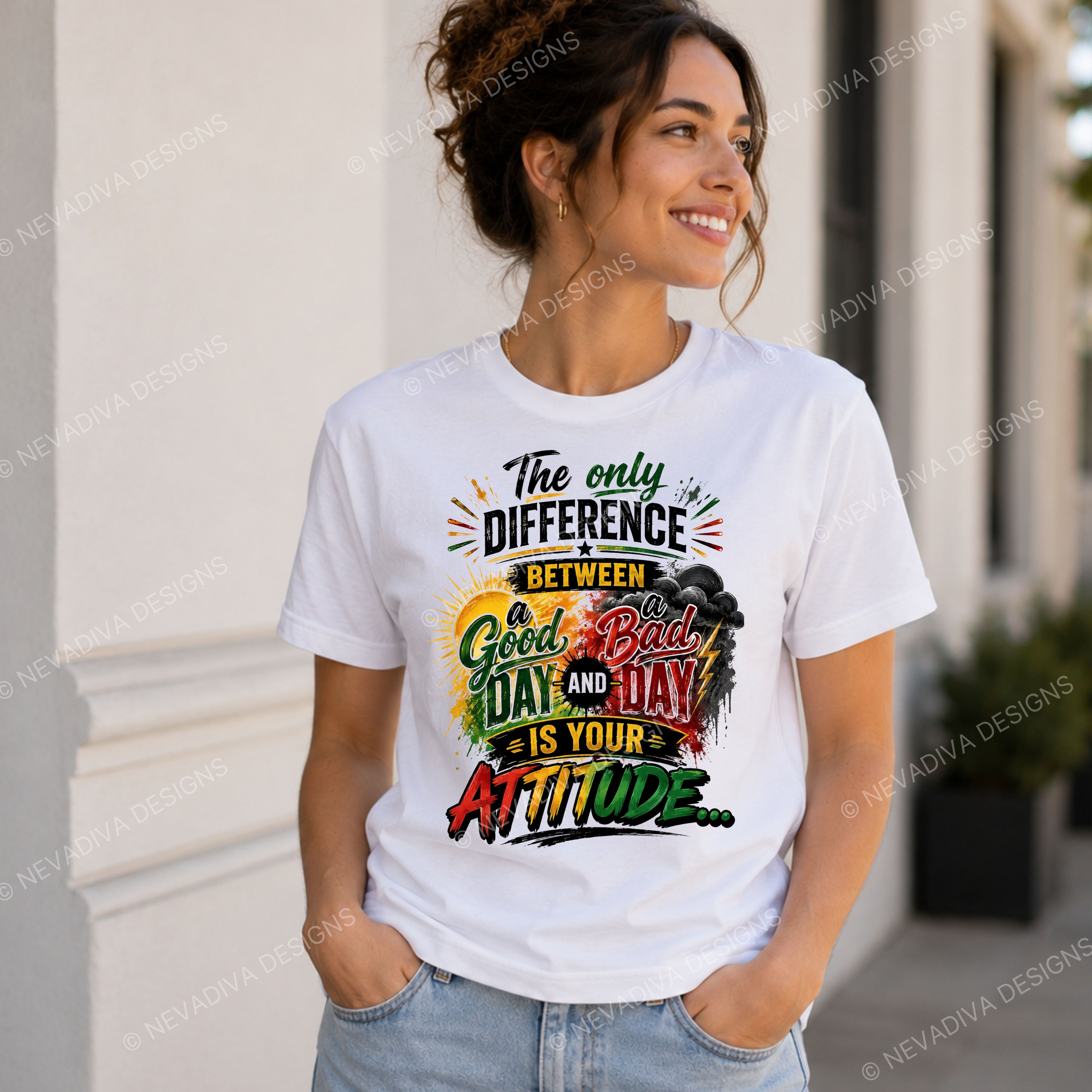 Woman wearing a white t-shirt with a colorful graphic and text.