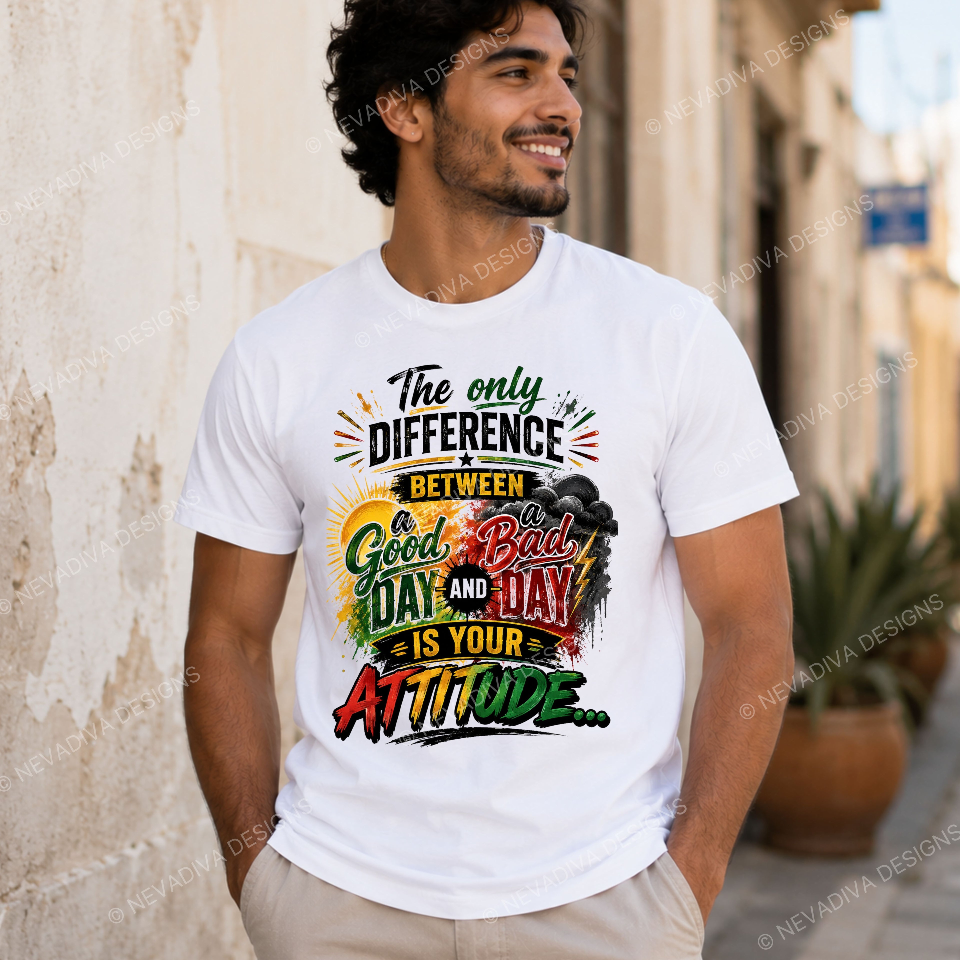 Man wearing a white t-shirt with a motivational quote on a street background