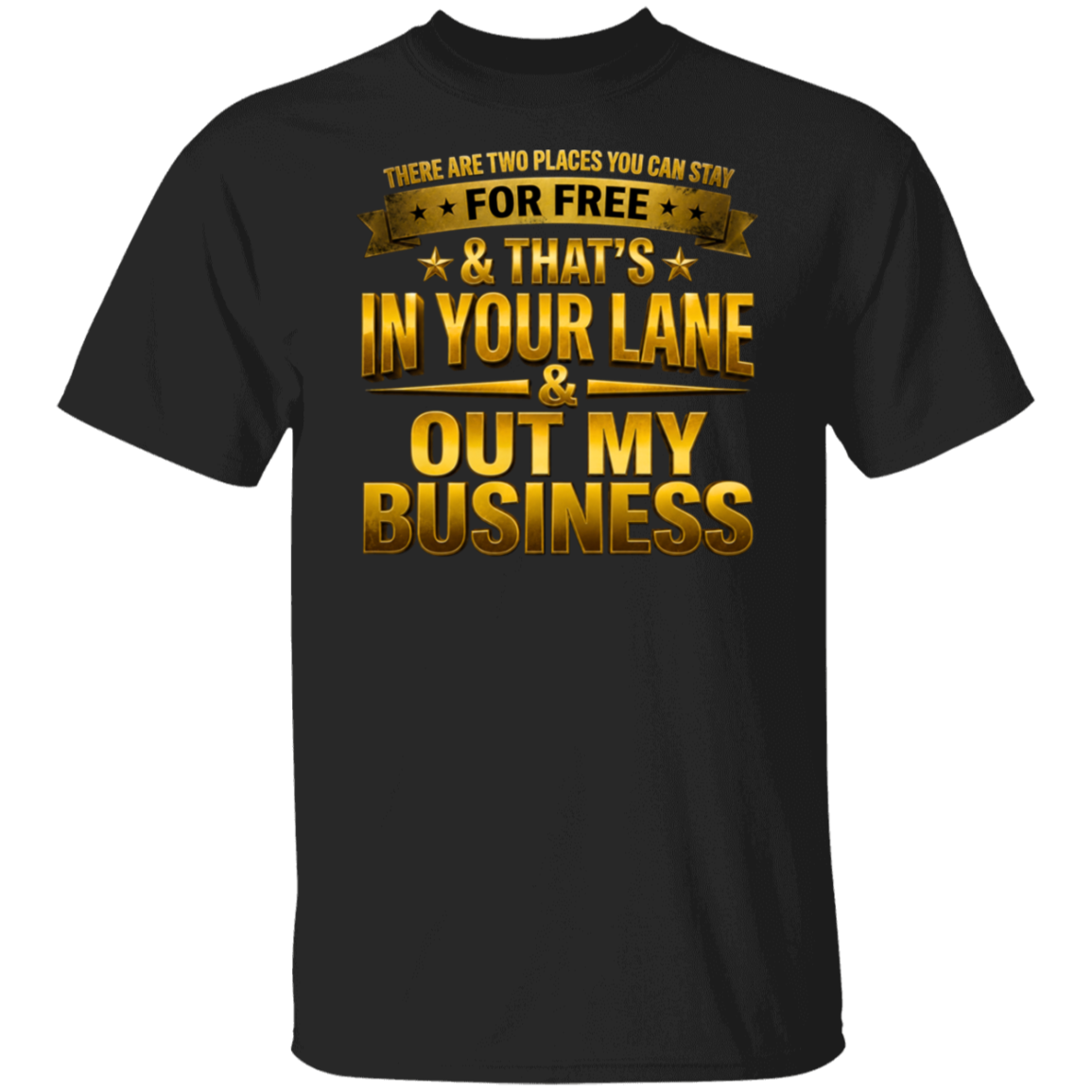 Black t-shirt with gold text on a white background
