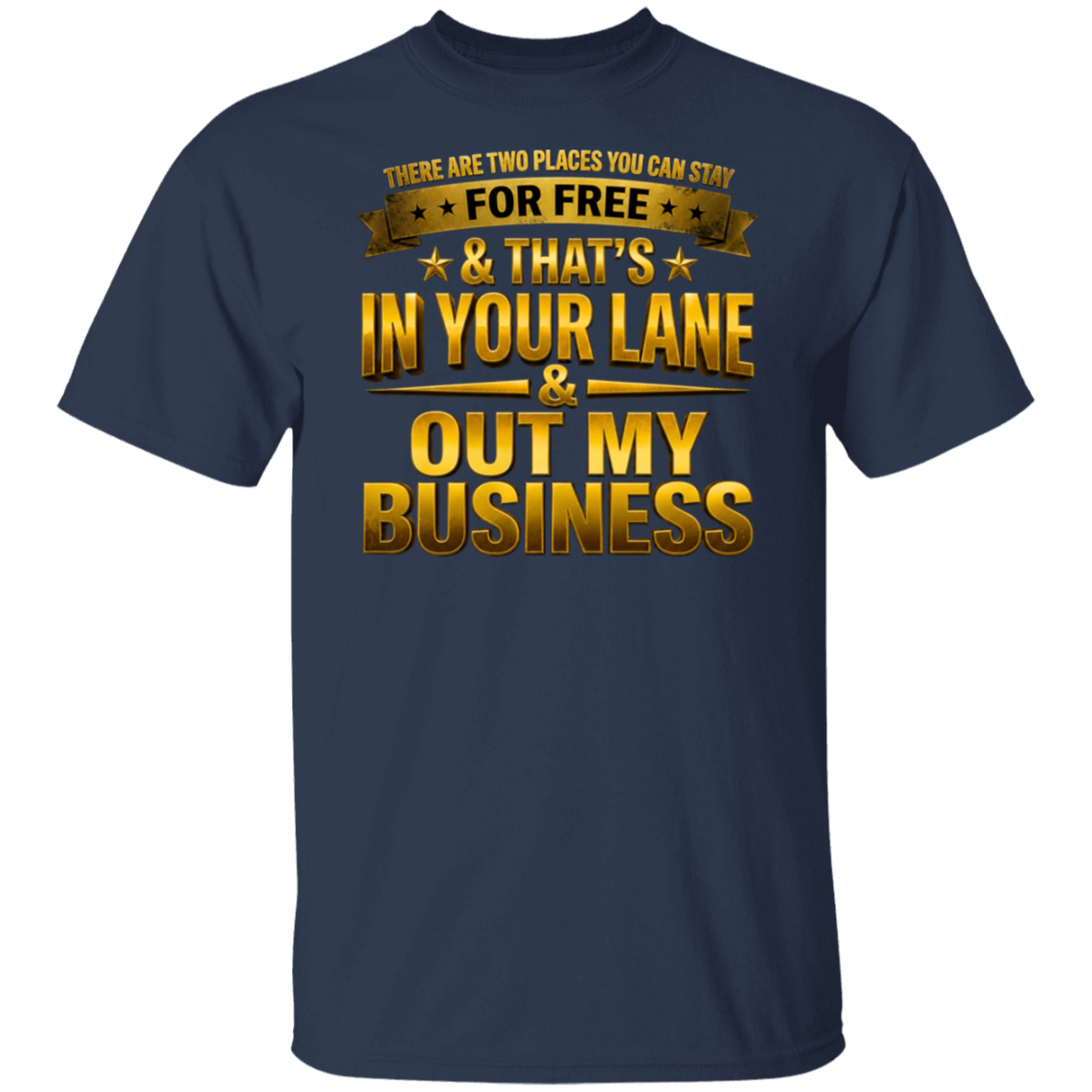 Navy blue t-shirt with gold text on a white background