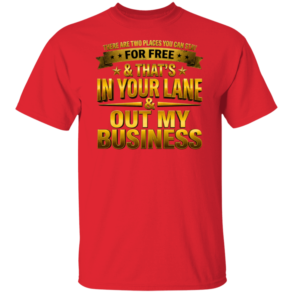 Red t-shirt with gold text on a white background