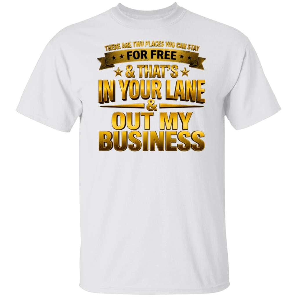 White t-shirt with gold text on a white background