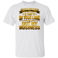 White t-shirt with gold text on a white background
