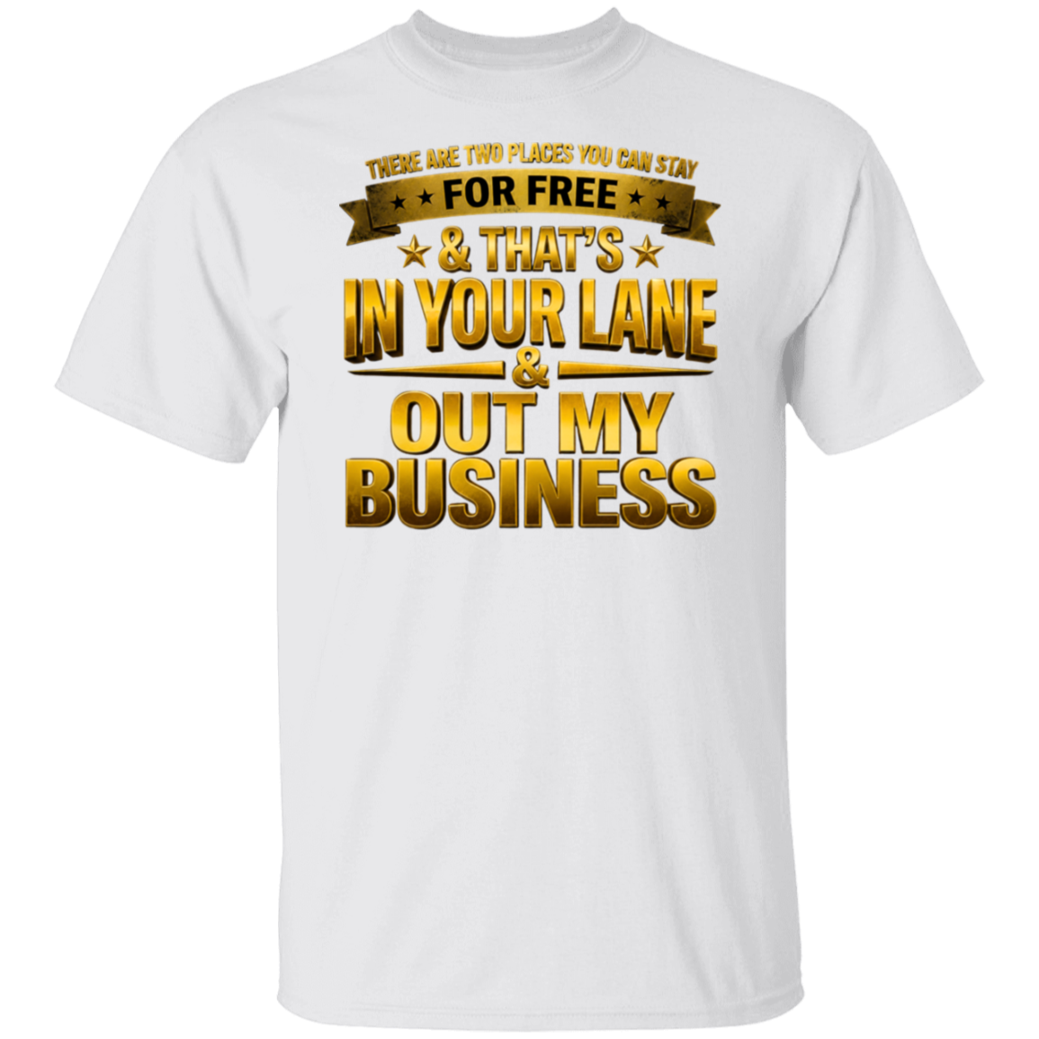 White t-shirt with gold text on a white background