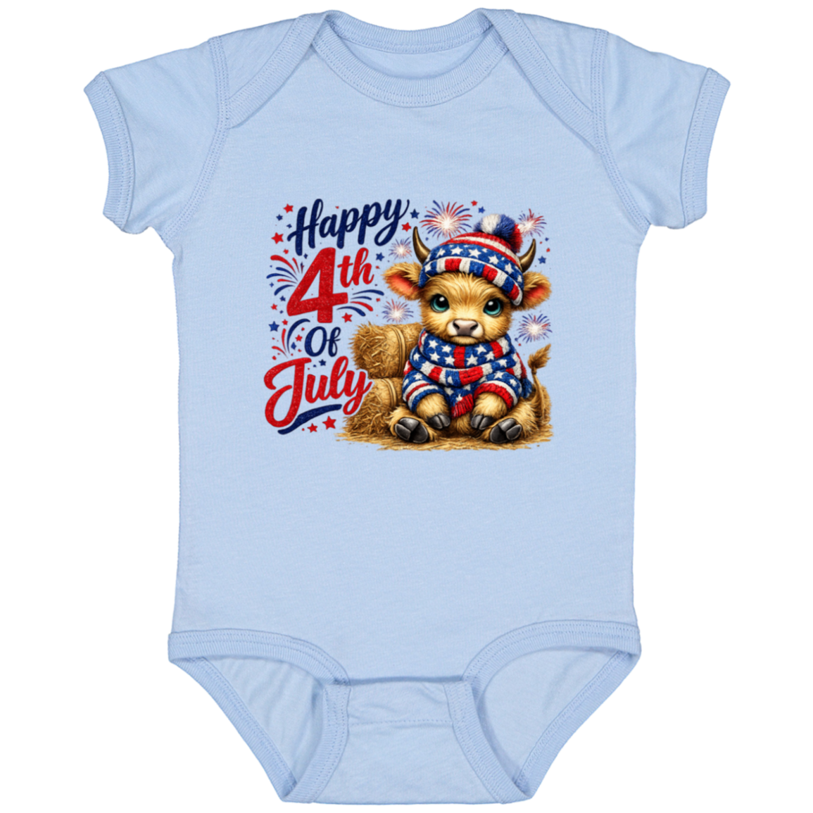 Light blue baby onesie with a cow wearing a 4th of July outfit on a white background