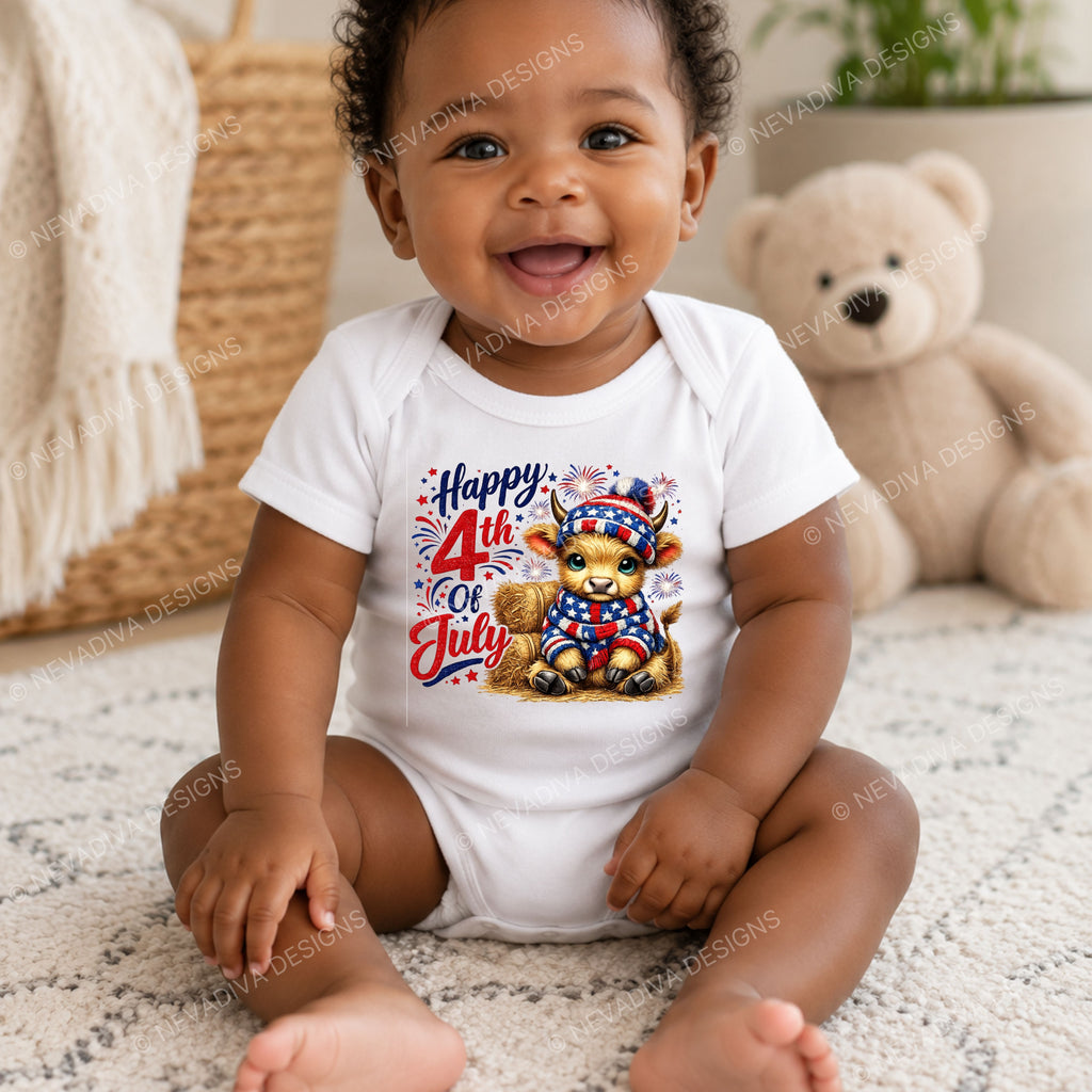 Baby wearing a 'Happy 4th of July' onesie with a cow graphic, sitting on a carpeted floor.