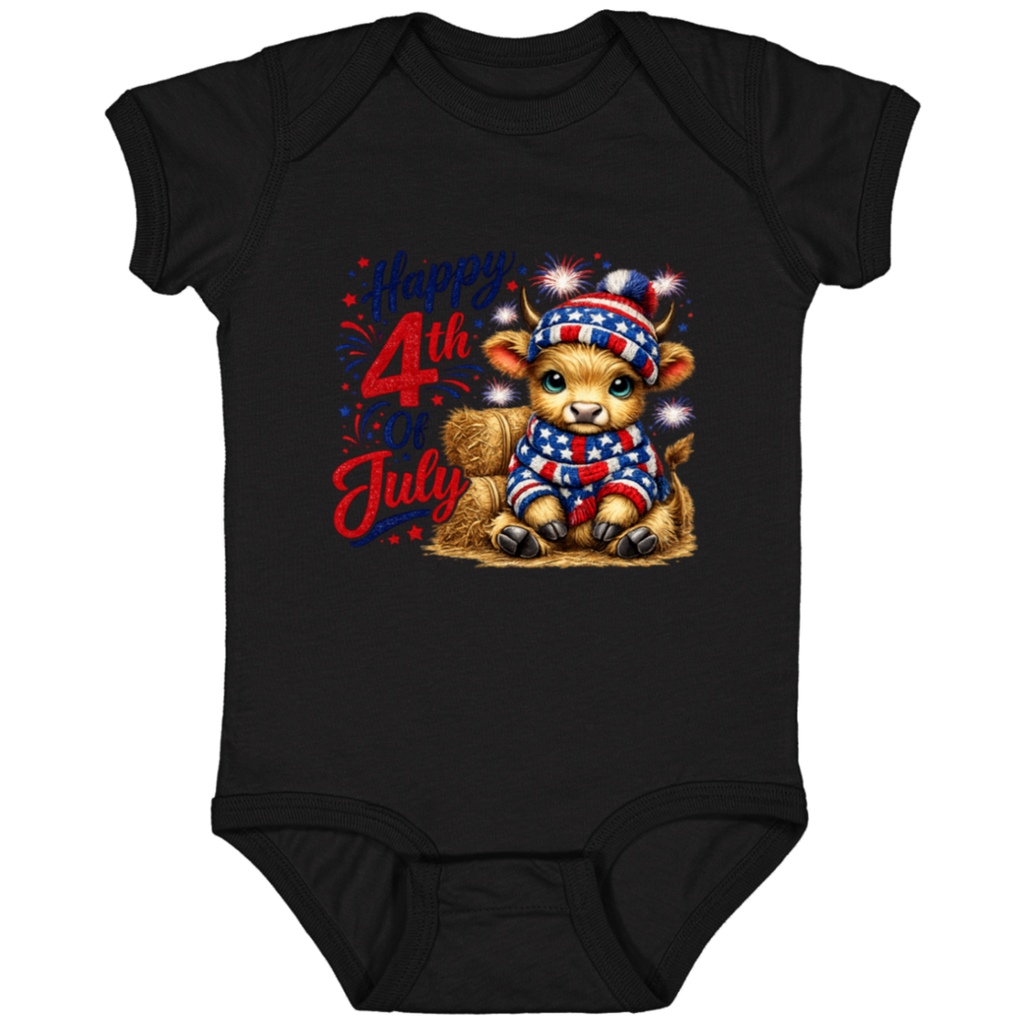 Black baby onesie with a cow in a patriotic outfit and 'Happy 4th of July' text on a white background.