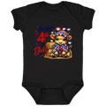 Black baby onesie with a cow in a patriotic outfit and 'Happy 4th of July' text on a white background.