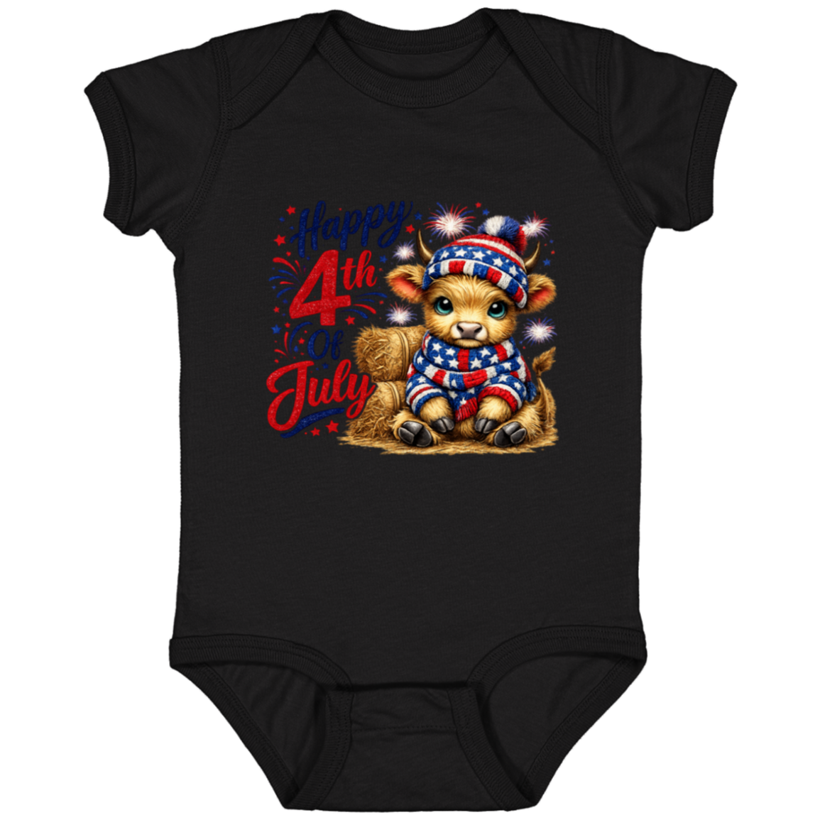 Black baby onesie with a cow in a patriotic outfit and 'Happy 4th of July' text on a white background.