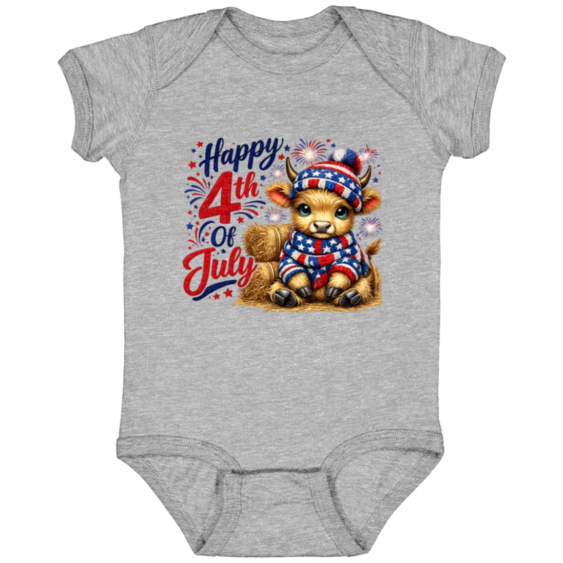 Gray baby onesie with a 4th of July design featuring a cow in a patriotic outfit on a white background.