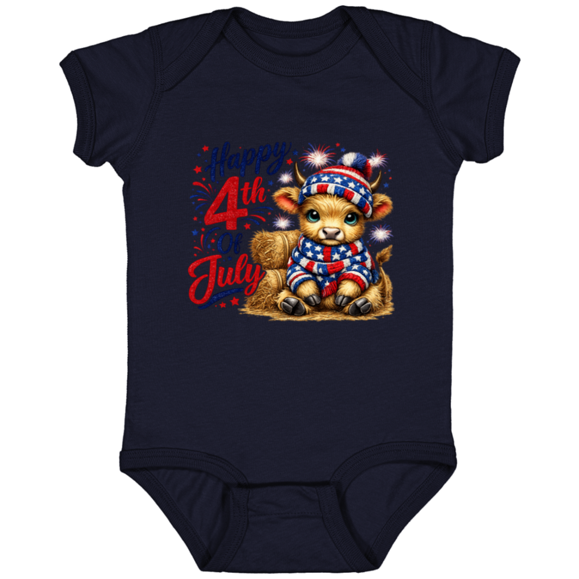 Navy blue baby onesie with a cow in a patriotic outfit and 'Happy 4th of July' text on a white background.