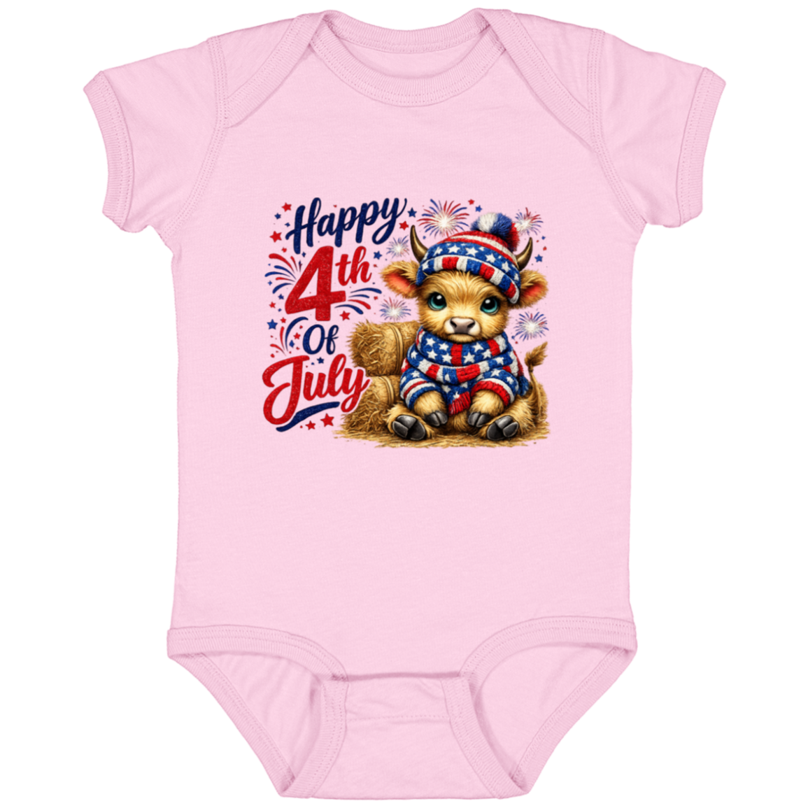 Pink baby onesie with a 4th of July design featuring a cow in a patriotic outfit on a white background.