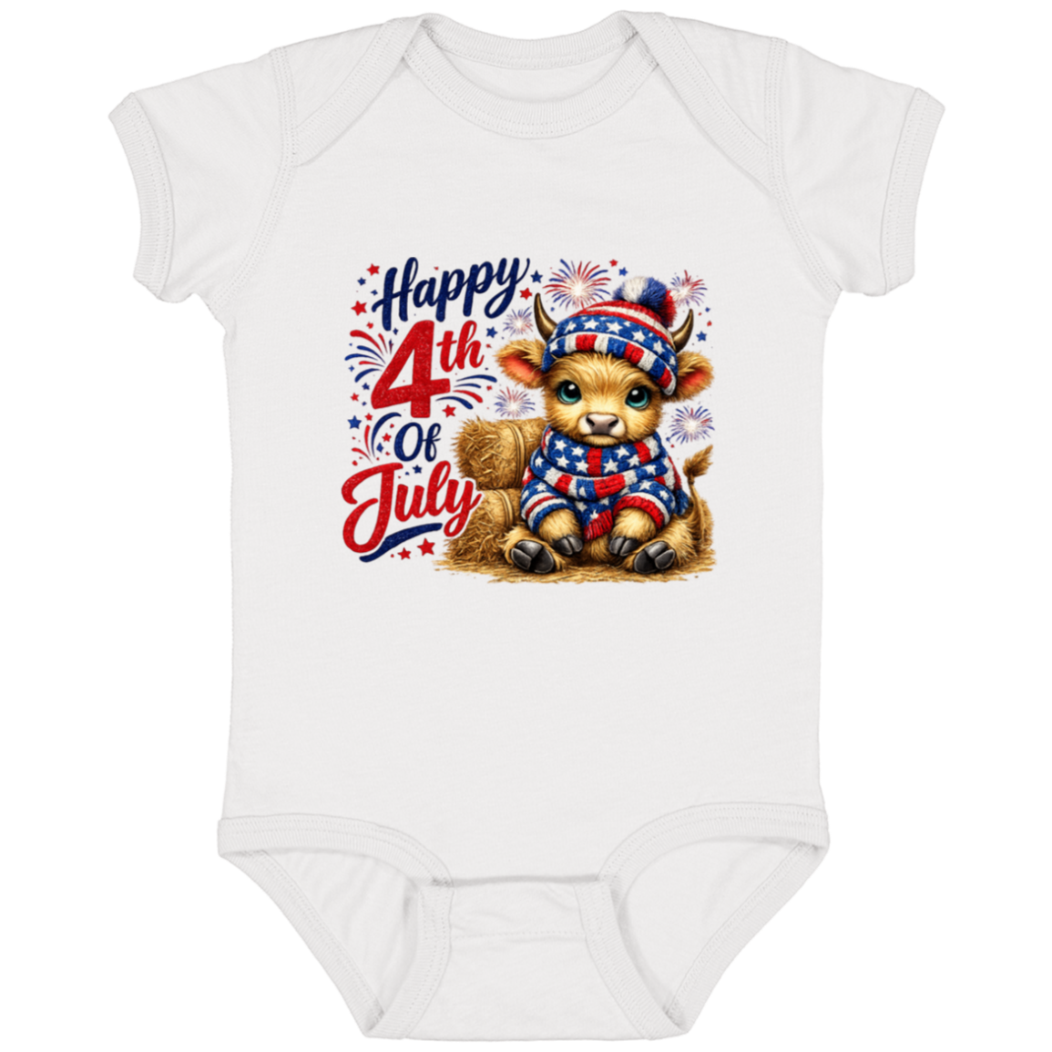 White baby onesie with a 4th of July design featuring a cow in a patriotic outfit on a white background.