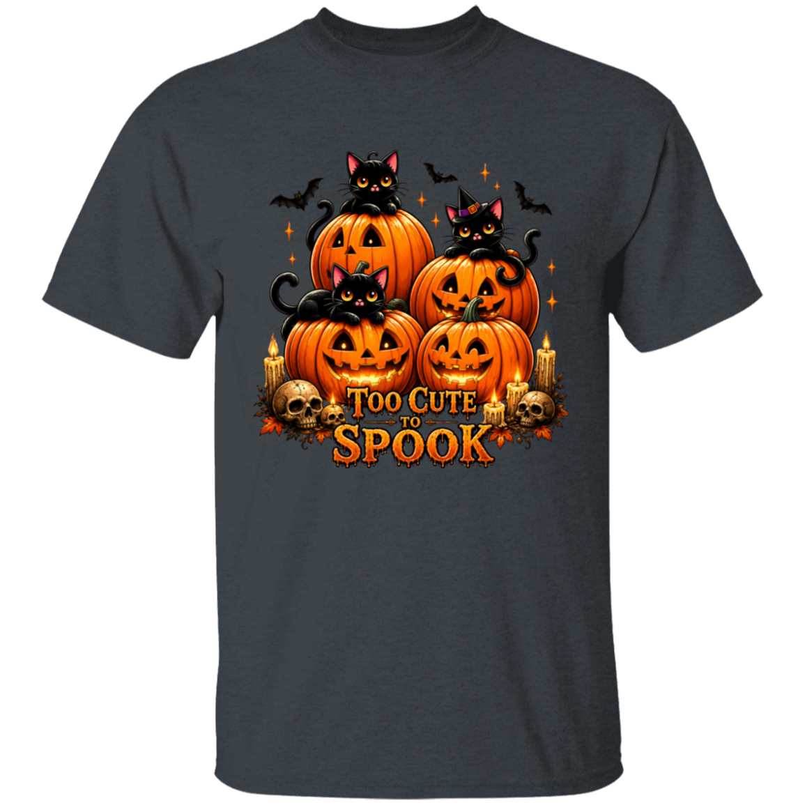 Halloween-themed t-shirt with pumpkins and cats on a dark gray background