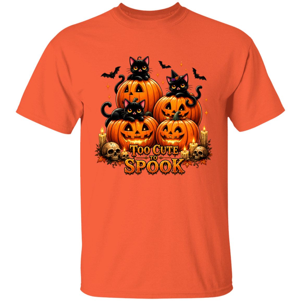 Orange t-shirt with Halloween design featuring pumpkins and cats on a white background