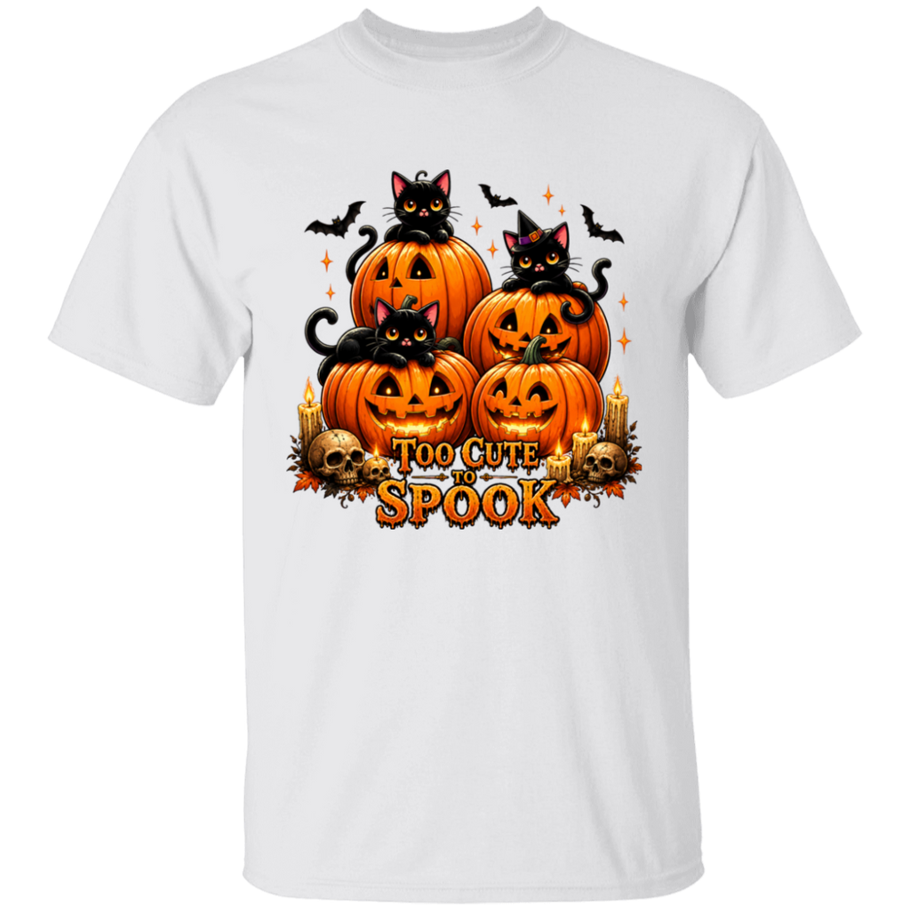 White t-shirt with Halloween design featuring pumpkins and cats on a white background
