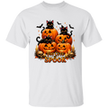White t-shirt with Halloween design featuring pumpkins and cats on a white background