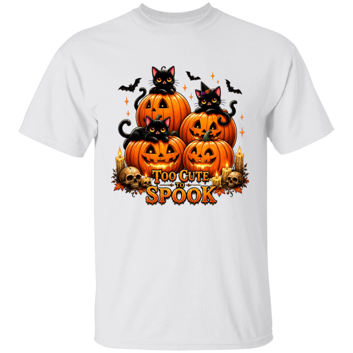 White t-shirt with Halloween design featuring pumpkins and cats on a white background