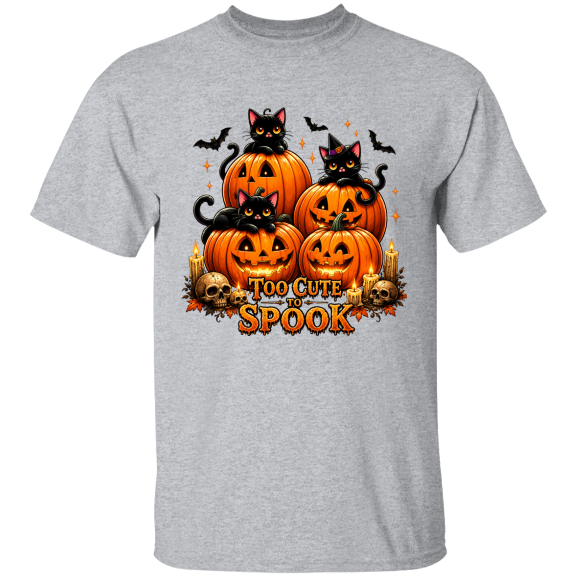 Gray t-shirt with Halloween design featuring pumpkins and cats on a white background