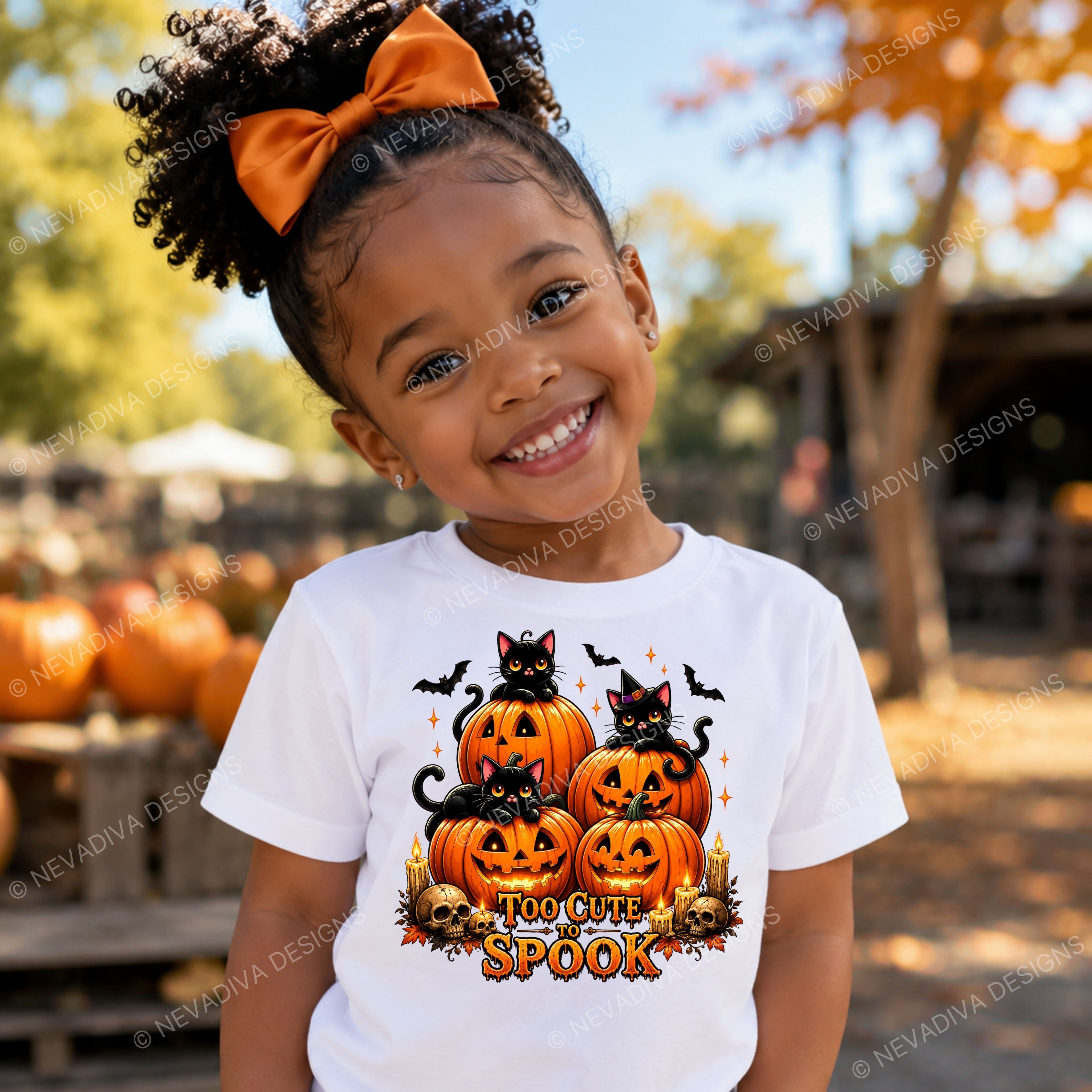 Child wearing a white t-shirt with Halloween-themed design, standing in an outdoor setting with pumpkins.
