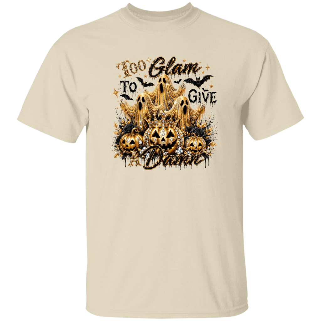 Beige t-shirt with Halloween-themed design featuring pumpkins and text on a white background