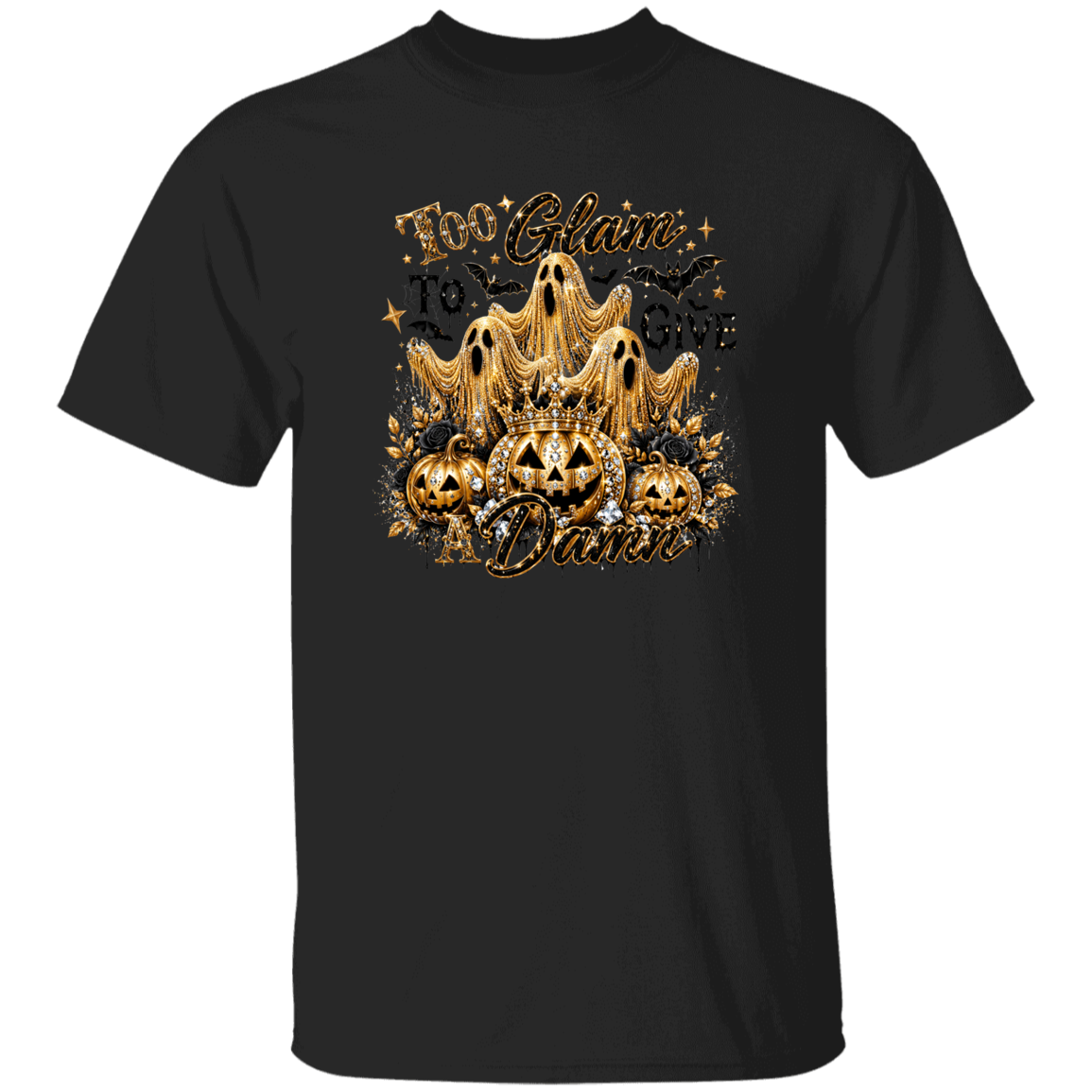 Black t-shirt with gold Halloween-themed design featuring ghosts, pumpkins, and text.