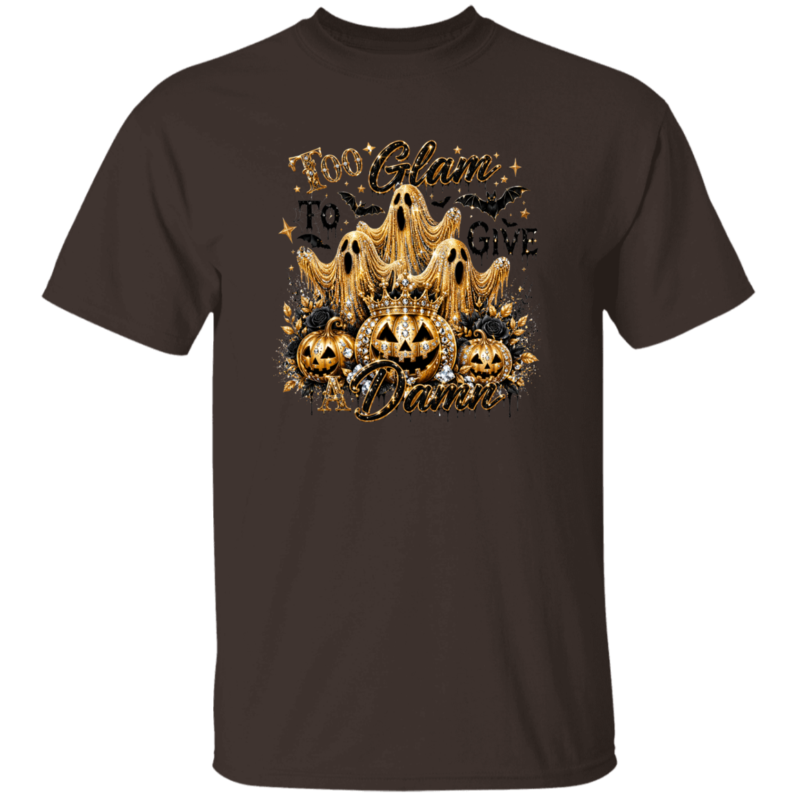 chocolate t-shirt with Halloween-themed design featuring gnomes and text 'In October we wear Pink'.