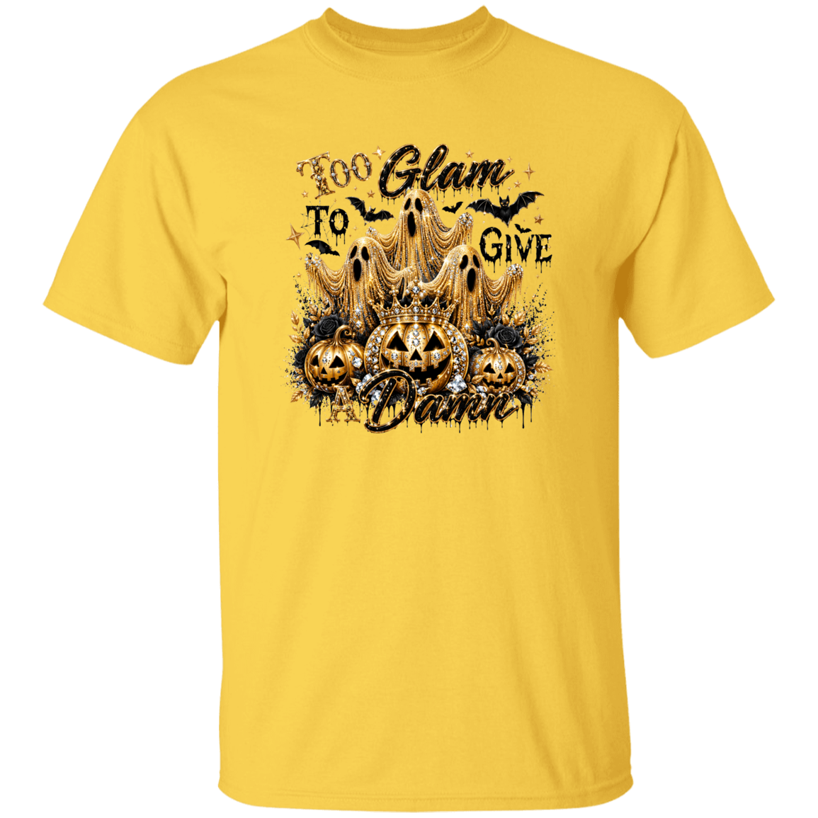 gold t-shirt with Halloween-themed design featuring pumpkins and text on a white background
