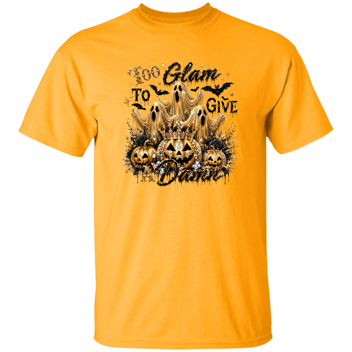 orange t-shirt with Halloween-themed design featuring pumpkins and text on a white background