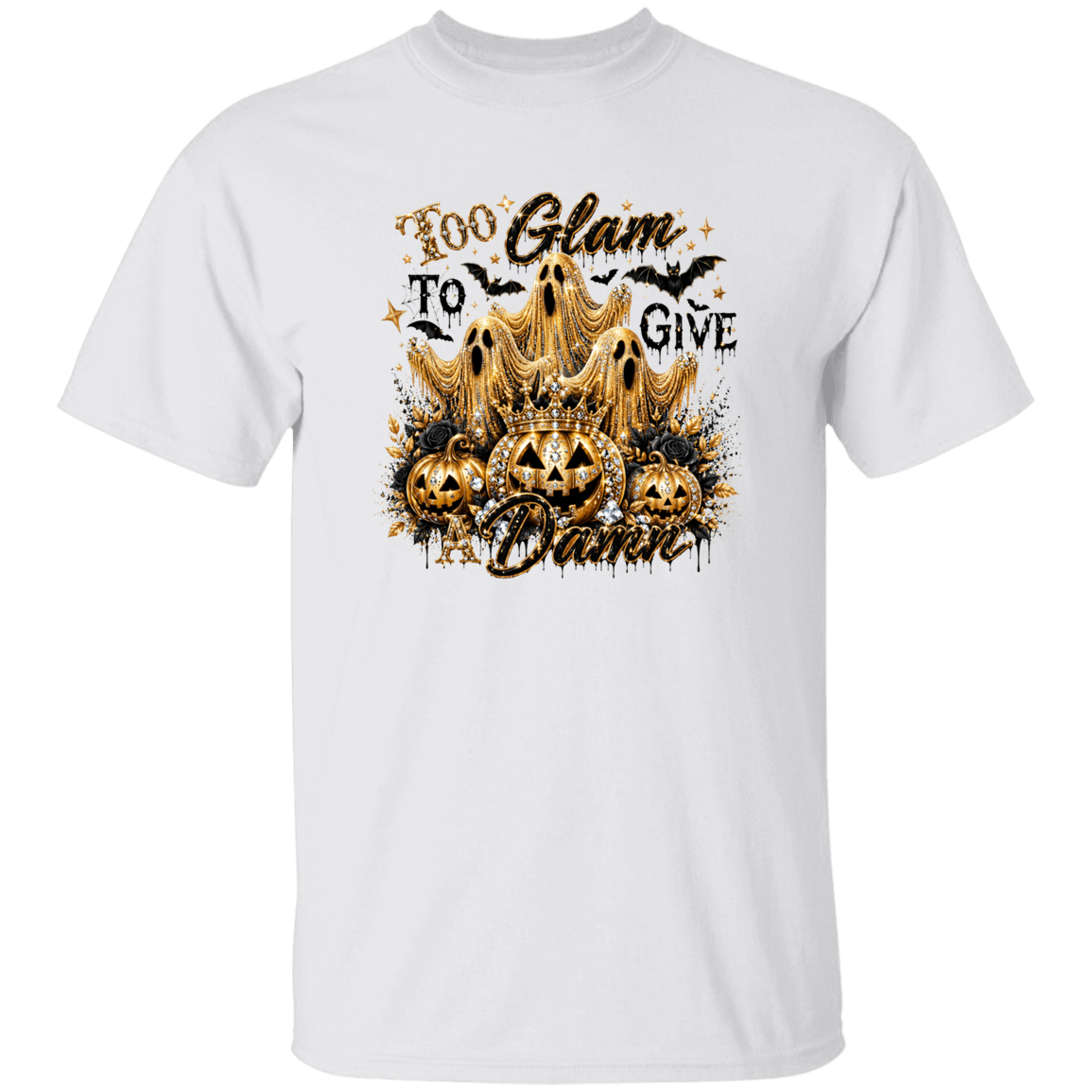 White t-shirt with Halloween-themed design featuring pumpkins and text on a white background