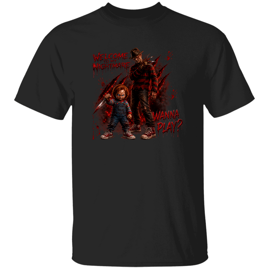 A black short-sleeve crewneck t-shirt featuring a graphic print of Chucky and Leatherface with red dripping text that reads 'WELCOME TO MY NIGHTMARE' and 'WANNA PLAY?'.