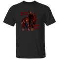 A black short-sleeve crewneck t-shirt featuring a graphic print of Chucky and Leatherface with red dripping text that reads 'WELCOME TO MY NIGHTMARE' and 'WANNA PLAY?'.