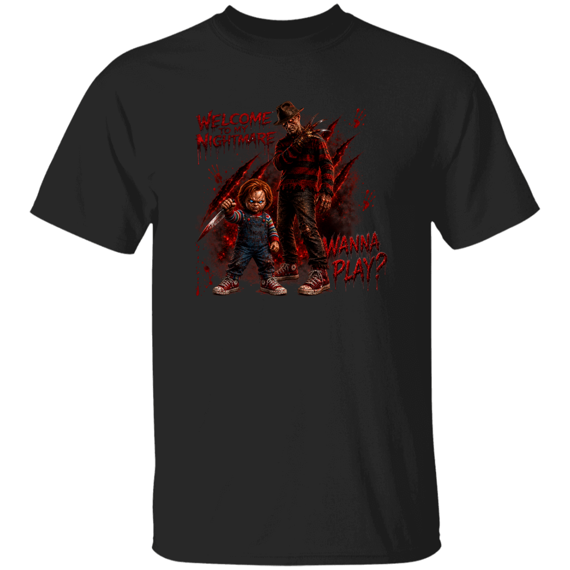 A black short-sleeve crewneck t-shirt featuring a graphic print of Chucky and Leatherface with red dripping text that reads 'WELCOME TO MY NIGHTMARE' and 'WANNA PLAY?'.