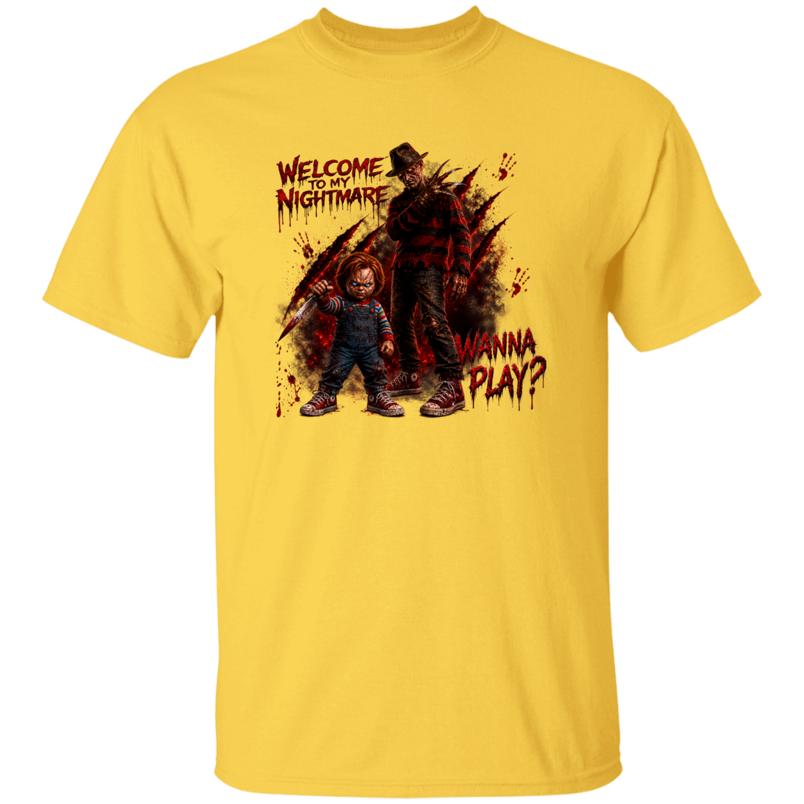 A yellow short-sleeve crewneck t-shirt featuring a graphic print of Freddy Krueger and Chucky with the text 'WELCOME TO MY NIGHTMARE' and 'WANNA PLAY?'.