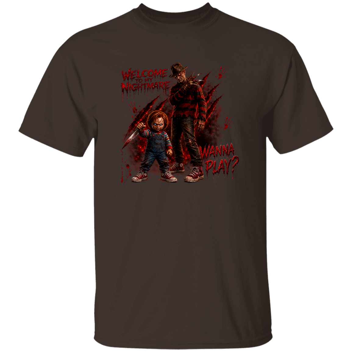 A dark brown short-sleeve t-shirt with a graphic print of Chucky and Freddy Krueger, featuring the text 'WELCOME TO NIGHTMARE' and 'WANNA PLAY?' in red.