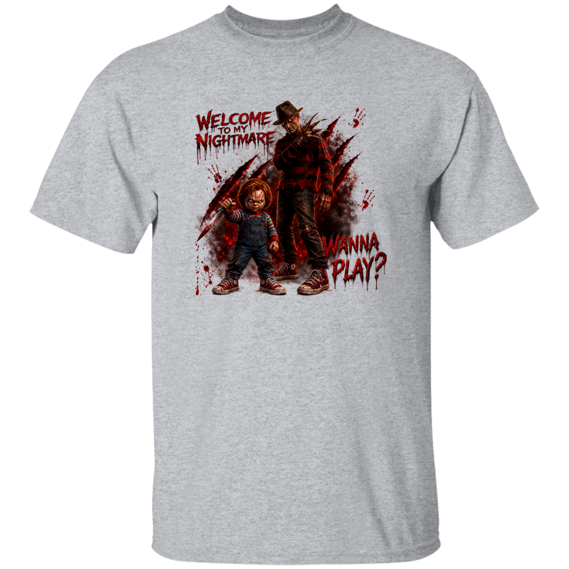 A heather gray short-sleeve t-shirt featuring a graphic print of Chucky and Freddy Krueger with the text 'WELCOME TO MY NIGHTMARE' and 'WANNA PLAY?' on a white background.
