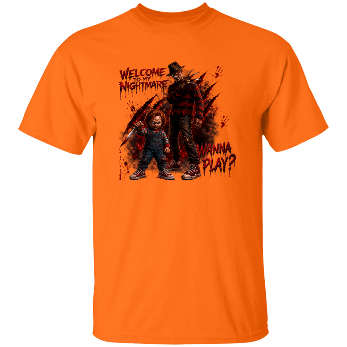An orange short-sleeve crewneck t-shirt featuring a horror-themed graphic print of Freddy Krueger and Chucky with the text 'WELCOME TO MY NIGHTMARE' and 'I WANNA PLAY?'.