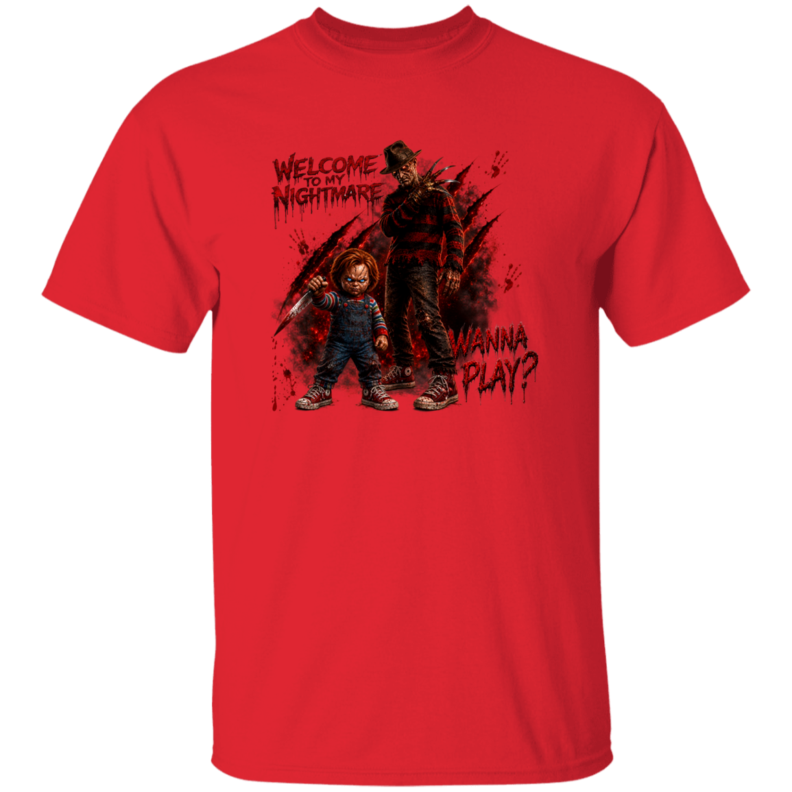 A red short-sleeve crewneck t-shirt featuring a graphic print of Chucky and Freddy Krueger with the text 'WELCOME TO MY NIGHTMARE' and 'WANNA PLAY?' on a plain white background.