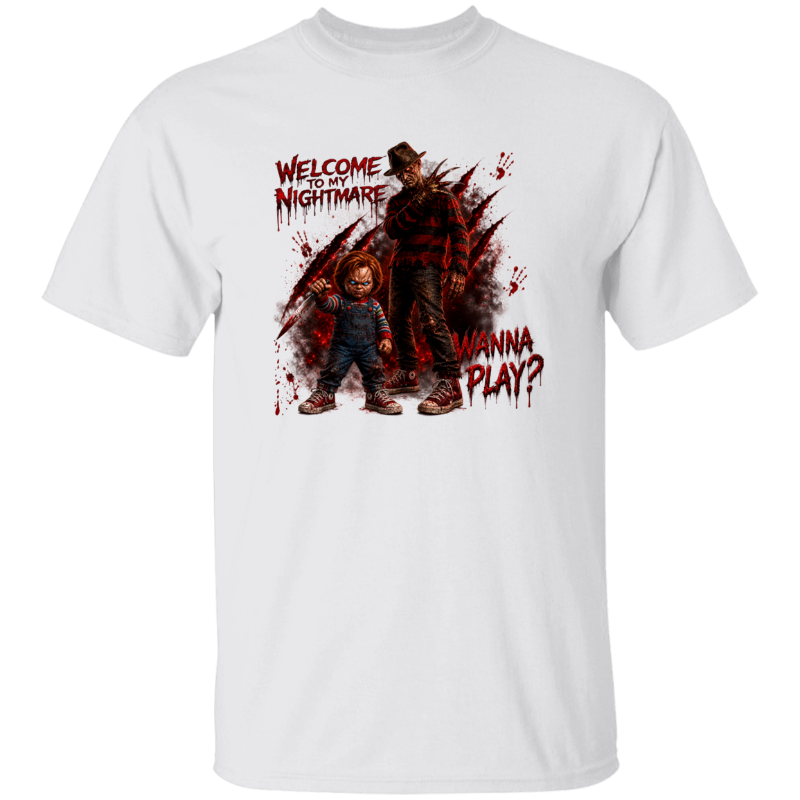 A white short-sleeve crewneck t-shirt featuring a graphic print of Freddy Krueger and Chucky with the text 'WELCOME TO MY NIGHTMARE' and 'WANNA PLAY?' in a distressed red font.