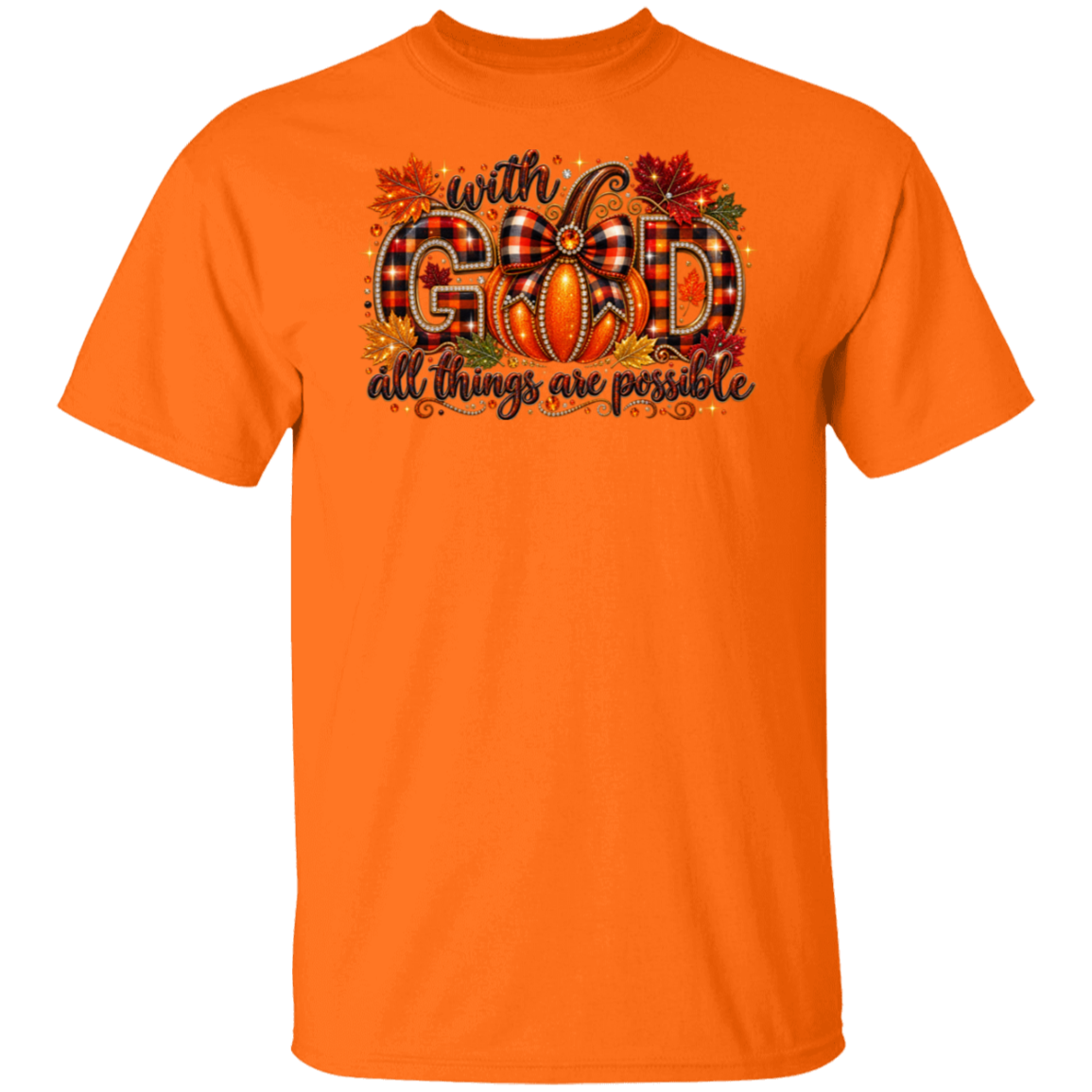 An orange short-sleeve crewneck t-shirt featuring a graphic on the chest with the text 'with GOD all things are possible' in autumn-themed lettering with pumpkins and leaves.