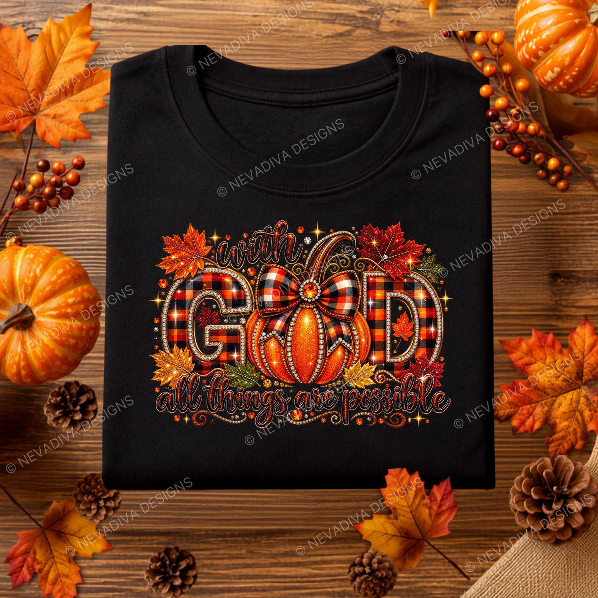 A folded black graphic T-shirt displayed on a rustic wooden surface surrounded by autumn leaves, pinecones, and small pumpkins. The shirt features a large decorative fall-themed graphic with the phrase 'with GOD all things are possible' in red, orange, gold, and plaid tones.