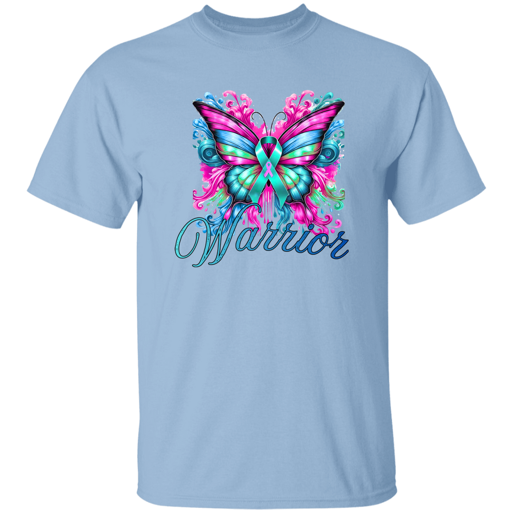 Light blue t-shirt with a colorful butterfly design and 'Warrior' text on a white background